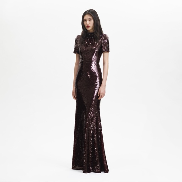 Self-Portrait Sequin Embellished Gown in Brown Short Sleeve Evening Maxi Dress 0 - Picture 2 of 10